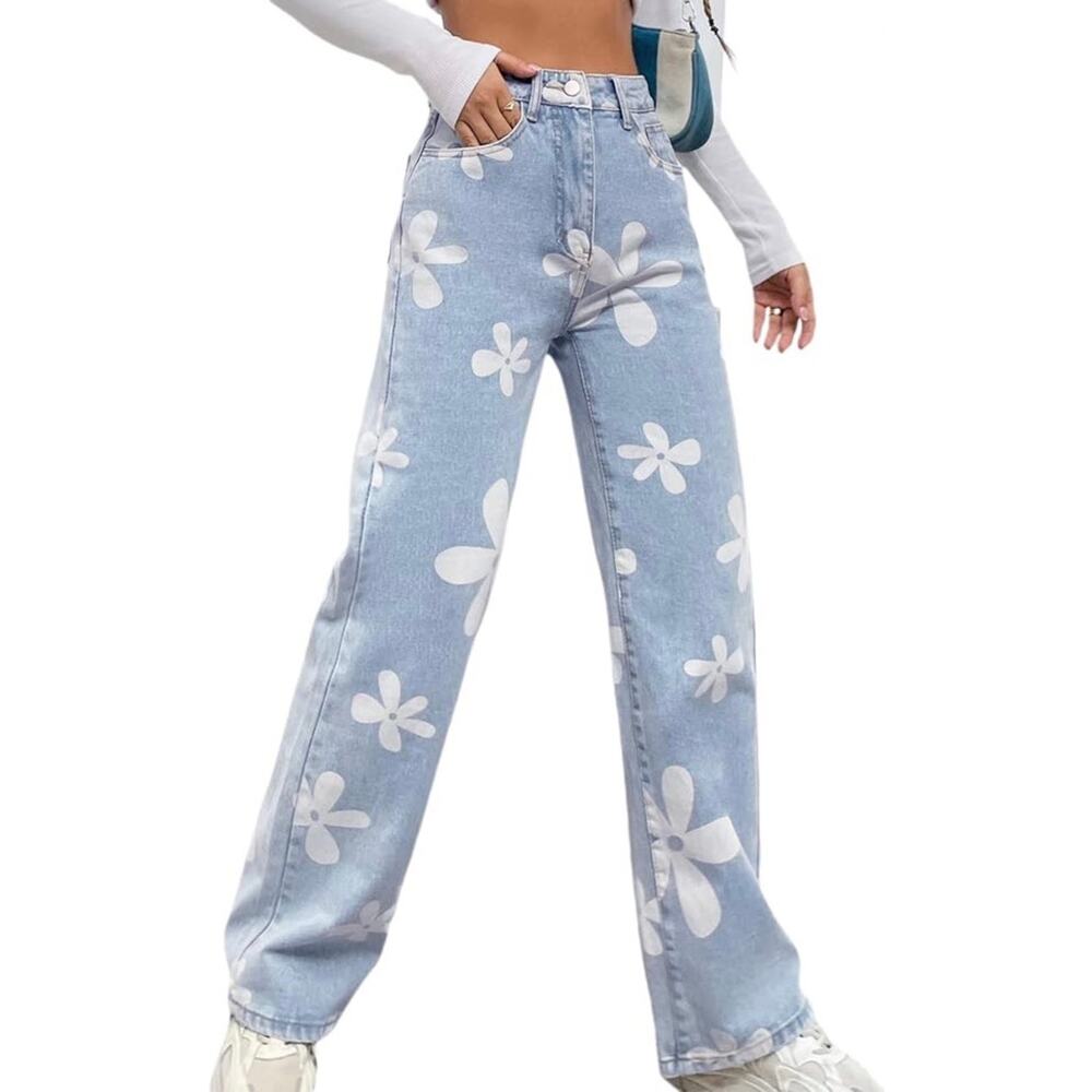Flower All Over Print Jeans Shein Women's Size M Pants Light Blue Straight Leg